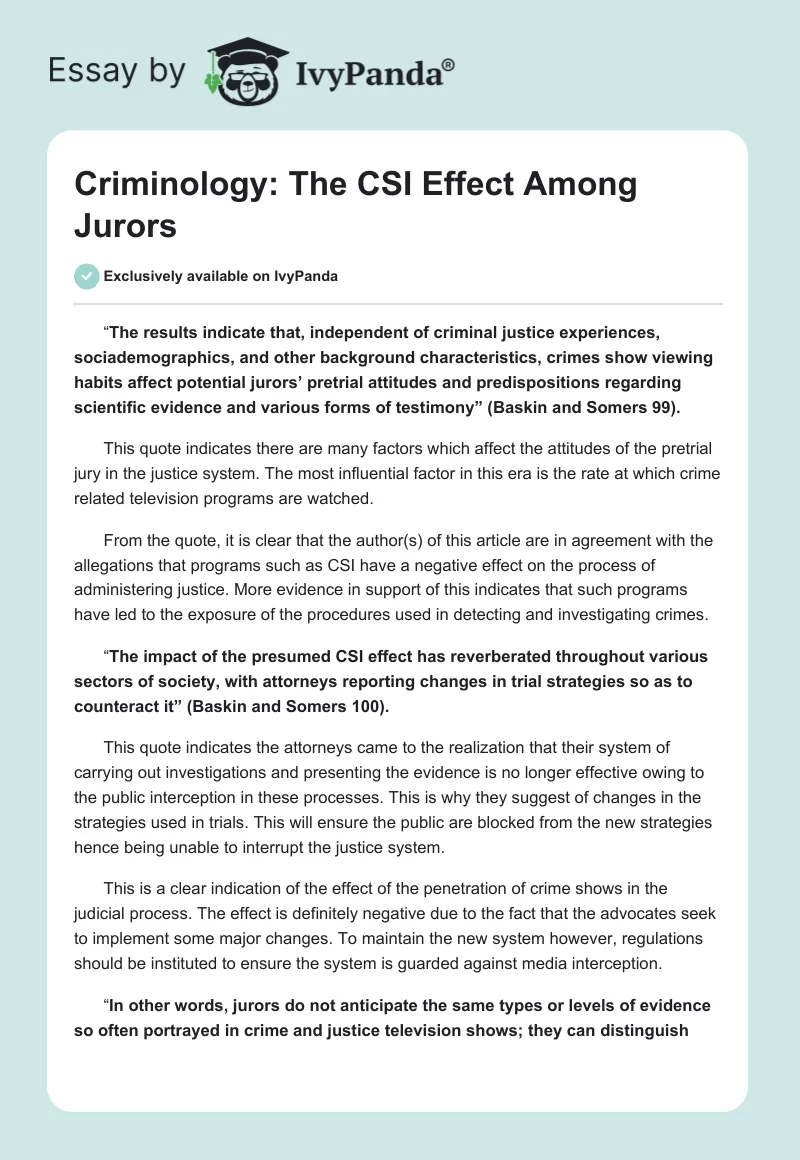 Criminology: The CSI Effect Among Jurors. Page 1