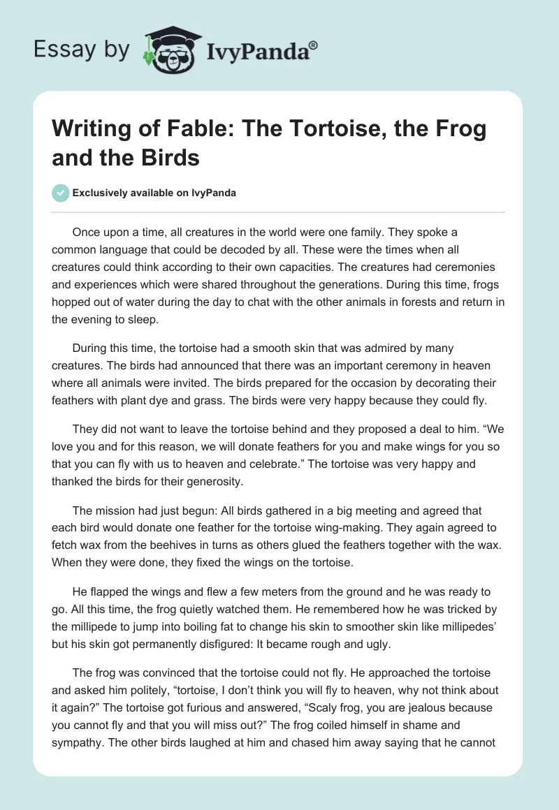 Writing of Fable: The Tortoise, the Frog and the Birds. Page 1