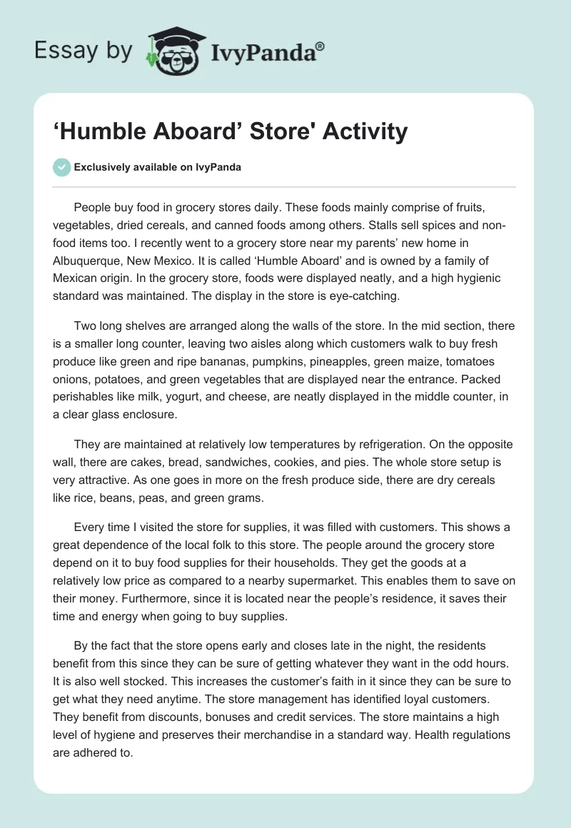 ‘Humble Aboard’ Store' Activity. Page 1