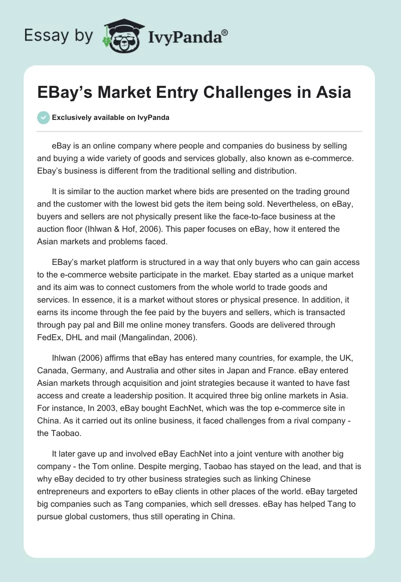 EBay’s Market Entry Challenges in Asia. Page 1