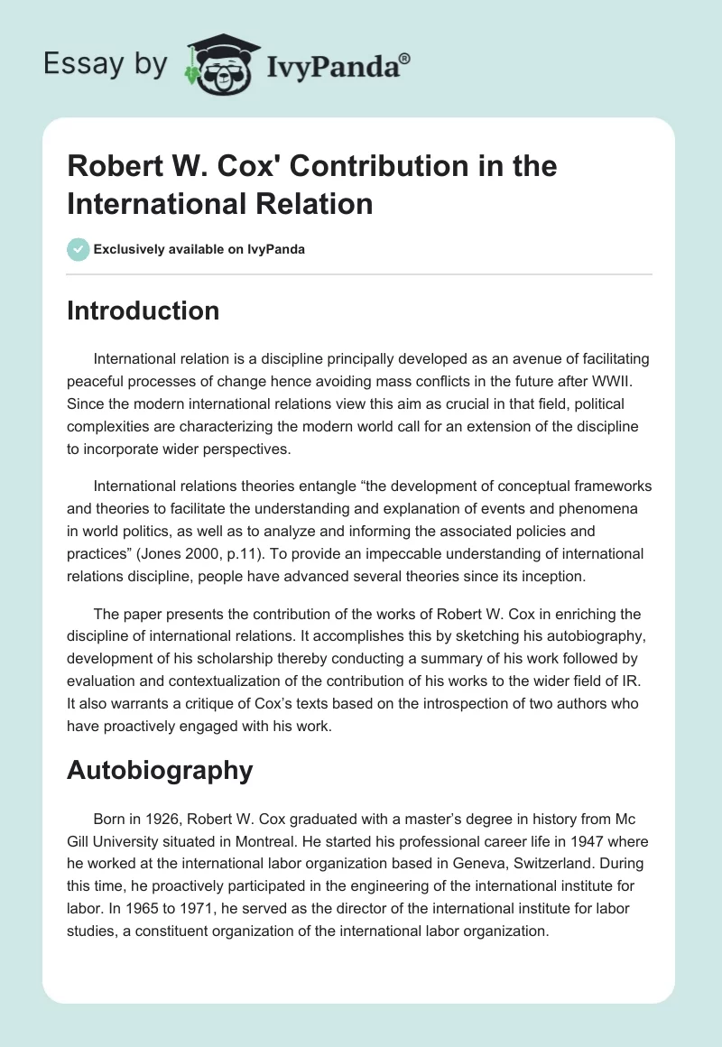 Robert W. Cox' Contribution in the International Relation. Page 1