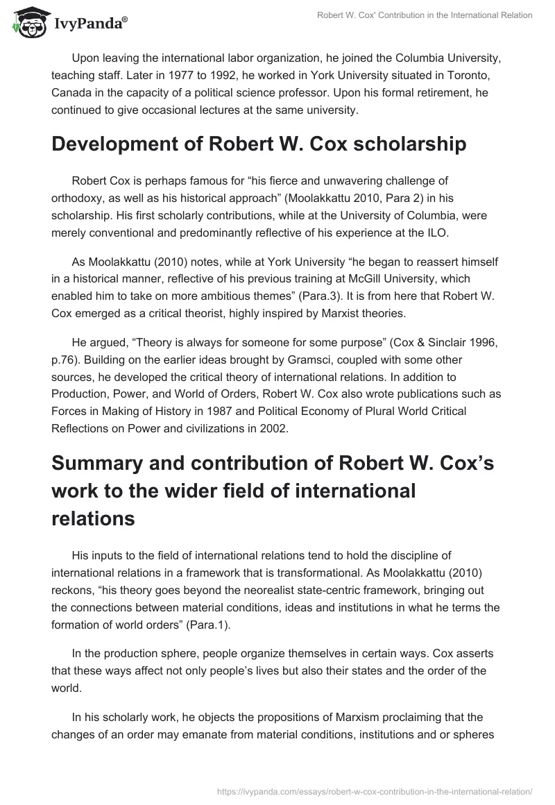 Robert W. Cox' Contribution in the International Relation. Page 2