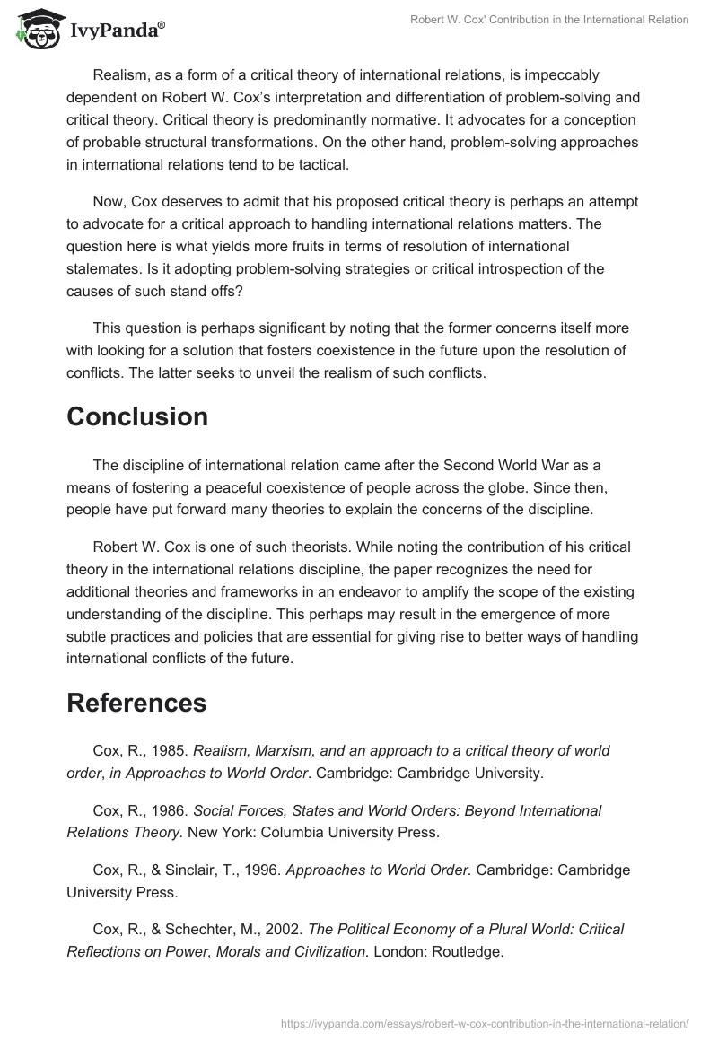 Robert W. Cox' Contribution in the International Relation. Page 5