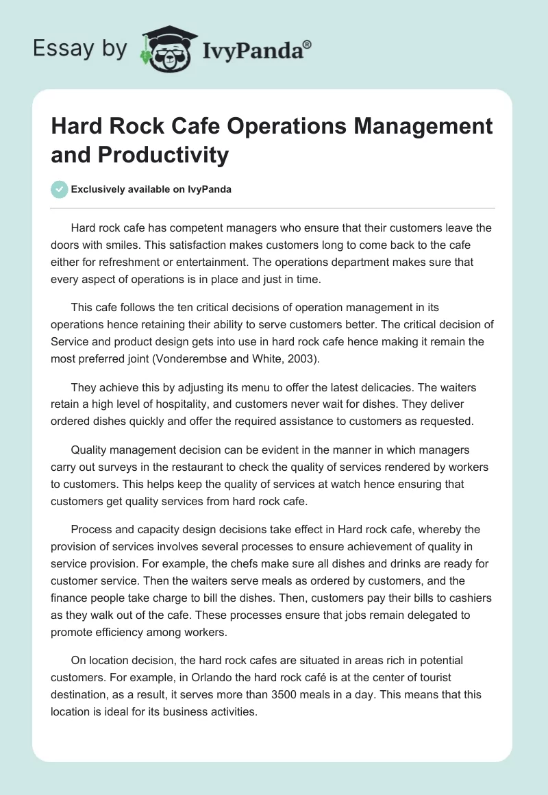 Hard Rock Cafe Operations Management and Productivity. Page 1