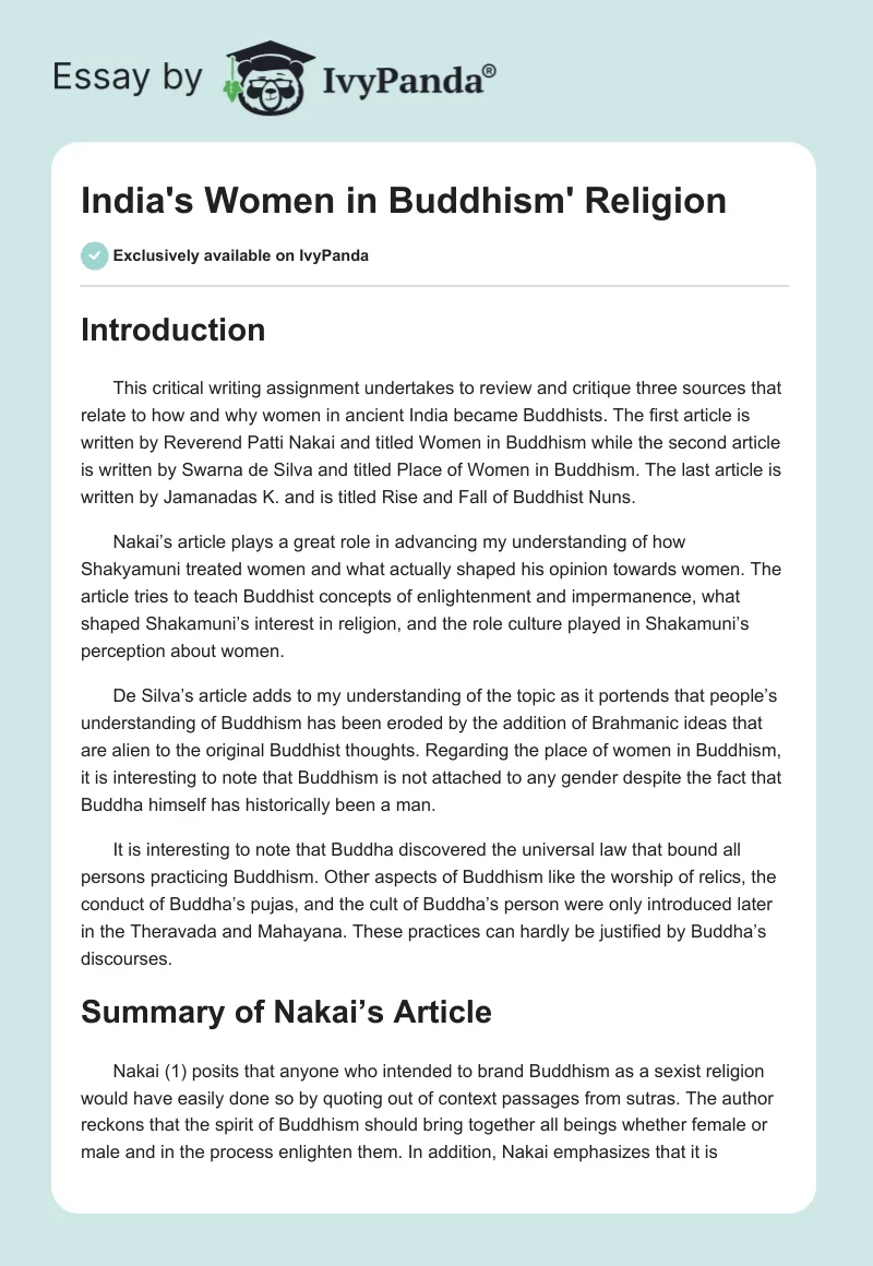 India's Women in Buddhism' Religion. Page 1