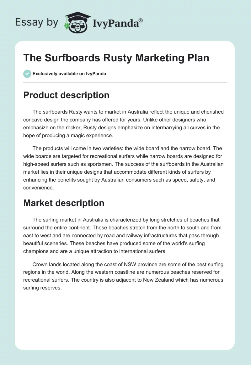 The Surfboards Rusty Marketing Plan. Page 1