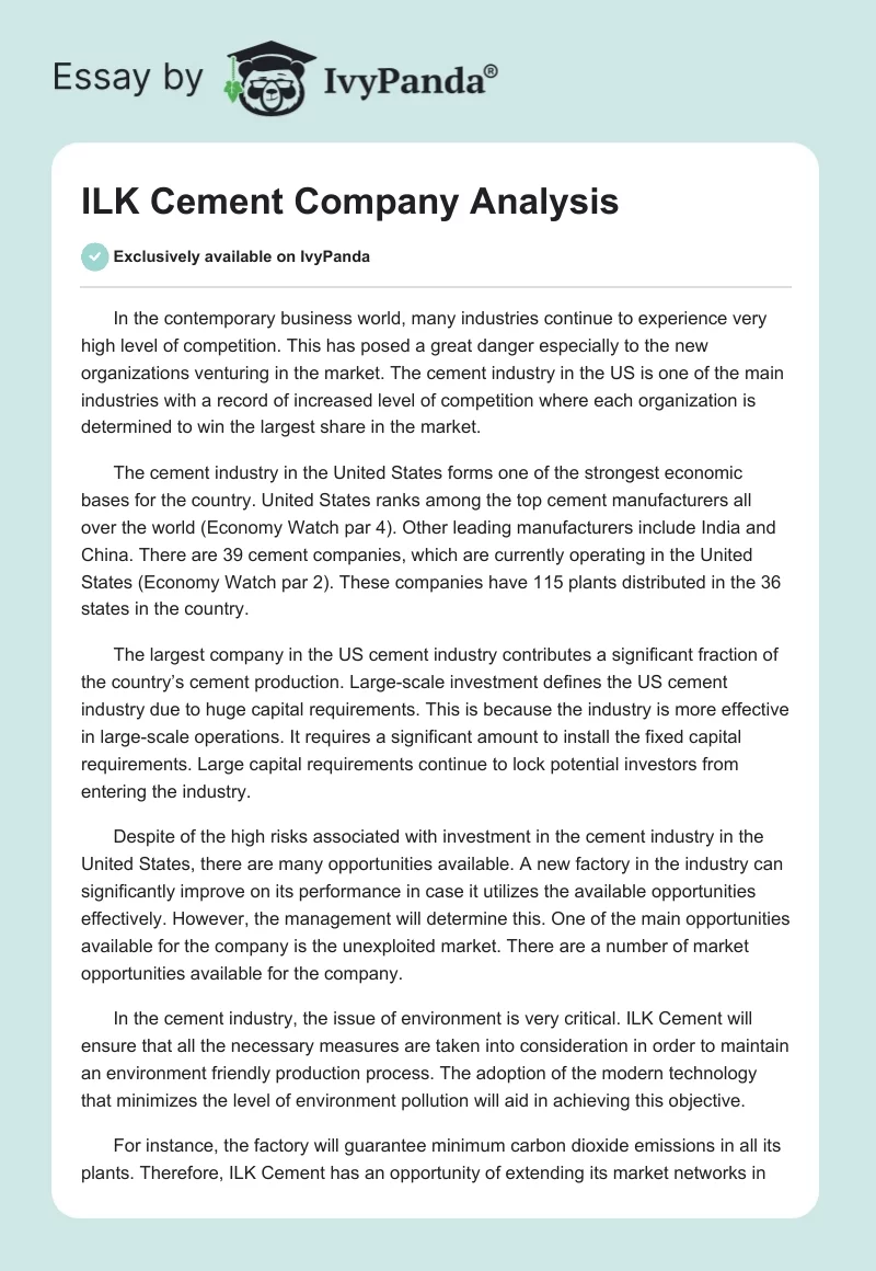 ILK Cement Company Analysis. Page 1
