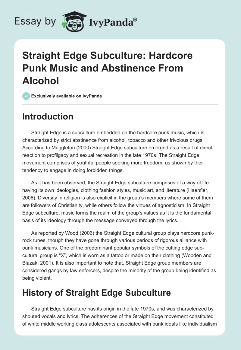 Straight Edge Subculture: Hardcore Punk Music and Abstinence From Alcohol. Page 1