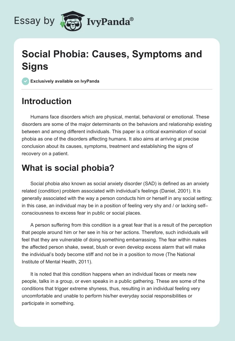Social Phobia: Causes, Symptoms and Signs. Page 1