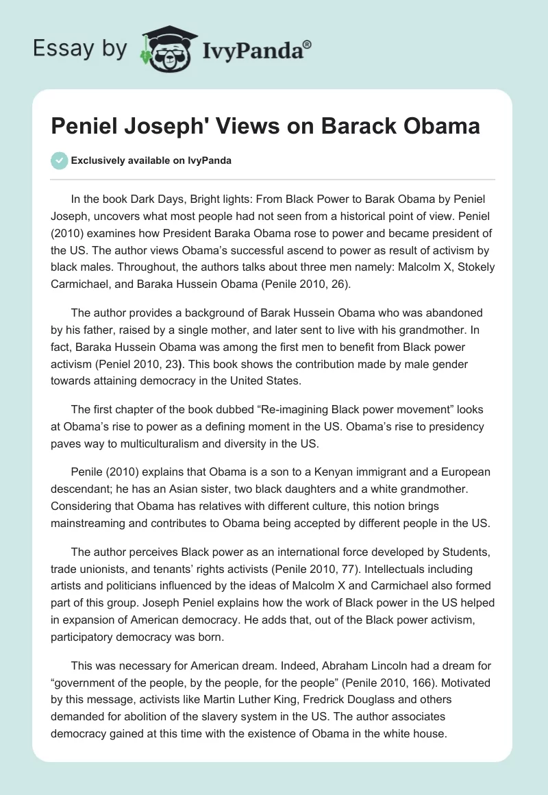 Peniel Joseph' Views on Barack Obama. Page 1