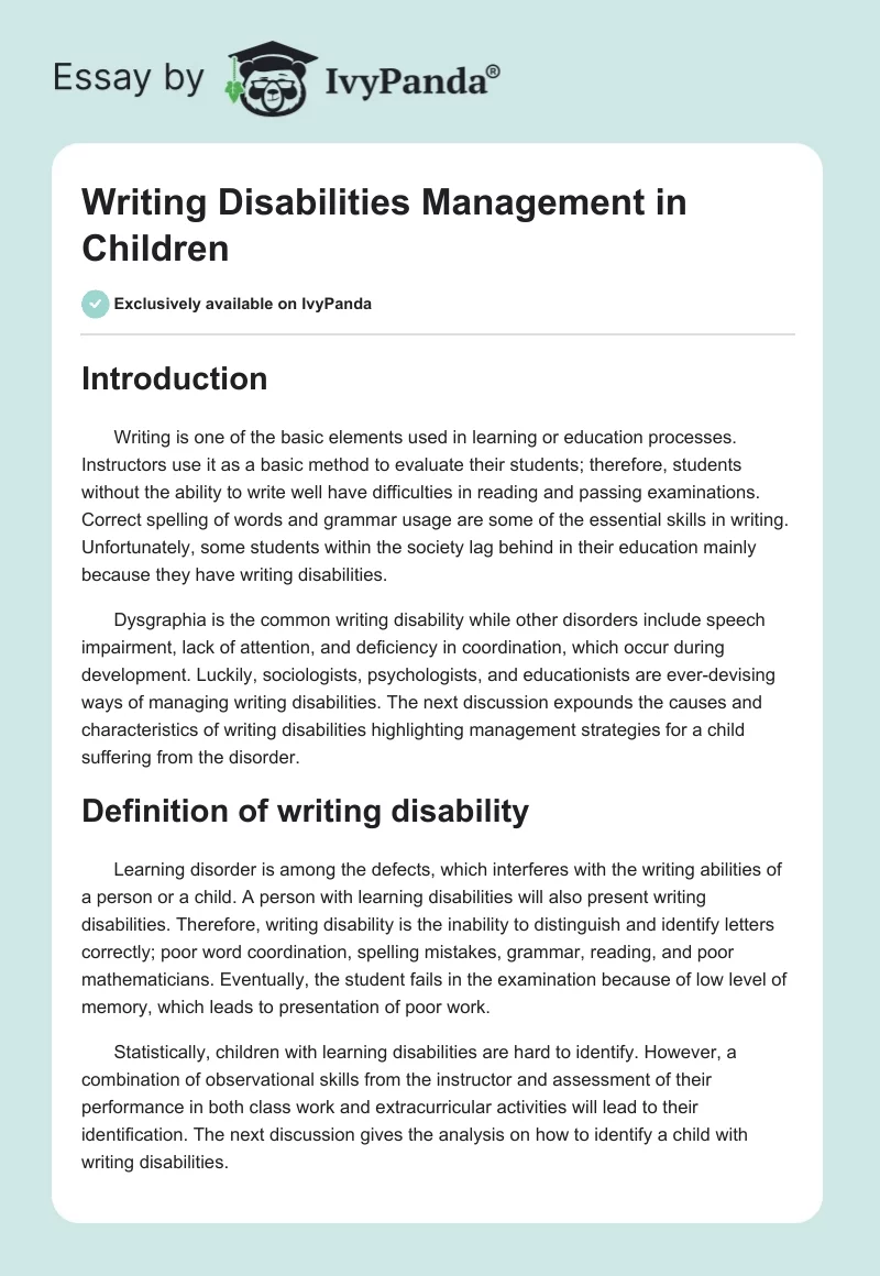 Writing Disabilities Management in Children. Page 1