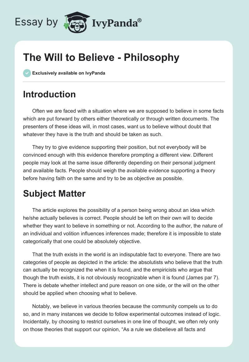 The Will to Believe - Philosophy. Page 1