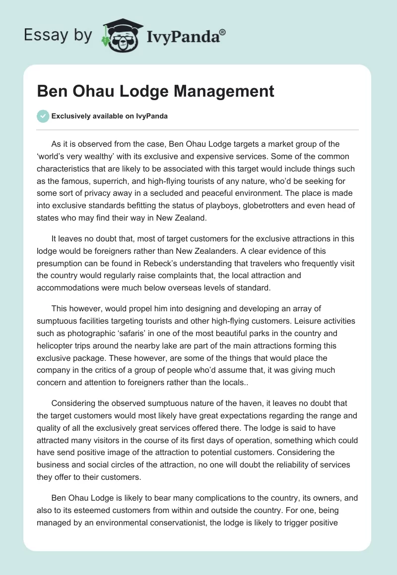 Ben Ohau Lodge Management. Page 1