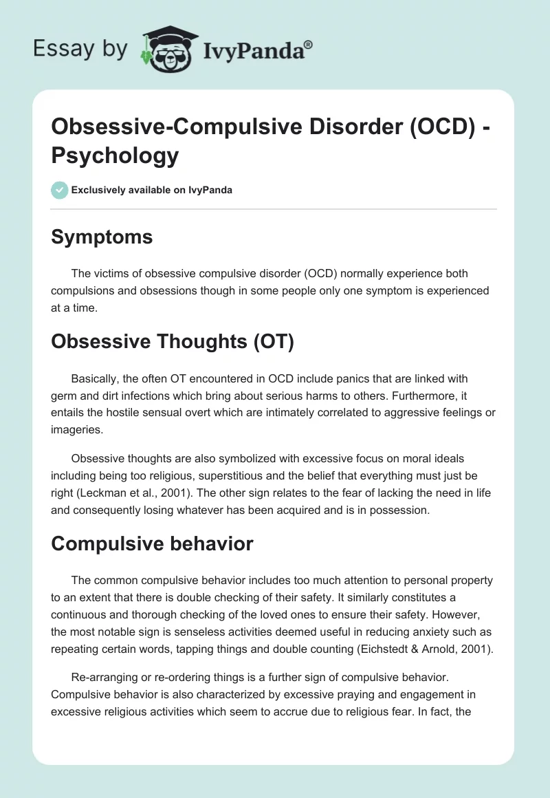 Obsessive-Compulsive Disorder (OCD) - Psychology. Page 1