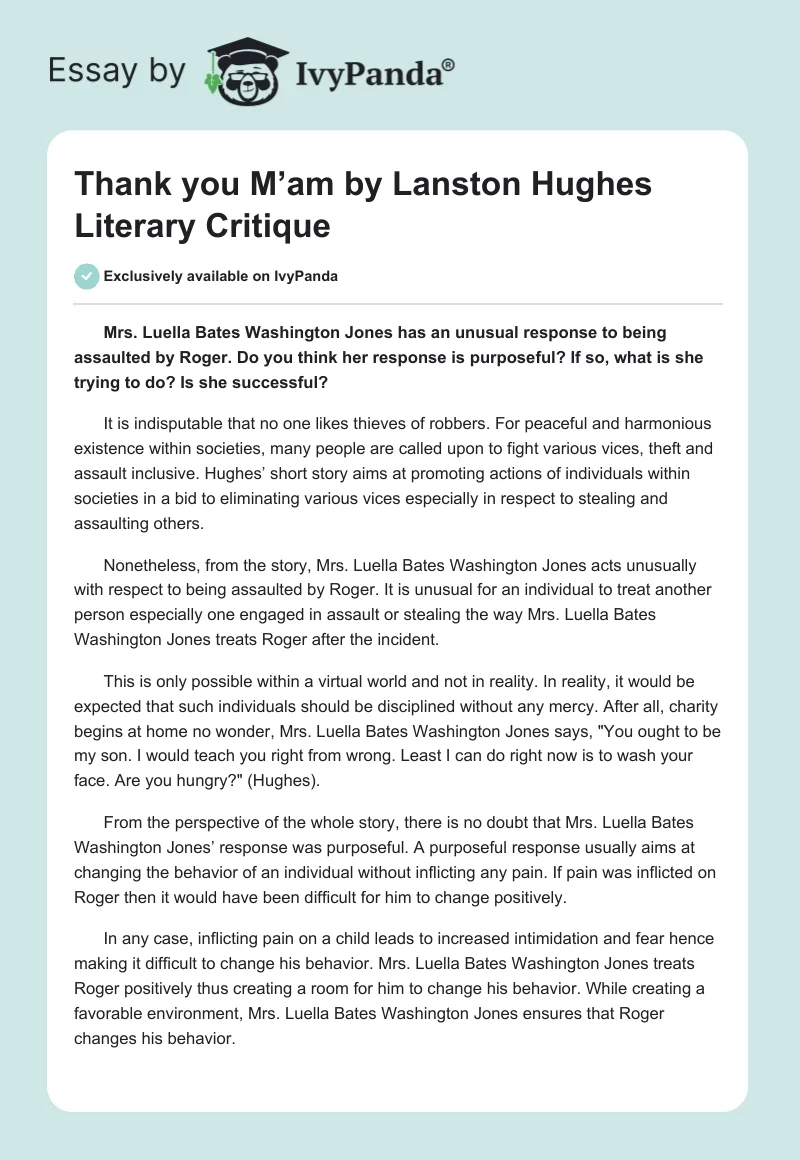 "Thank you M’am" by Lanston Hughes Literary Critique. Page 1