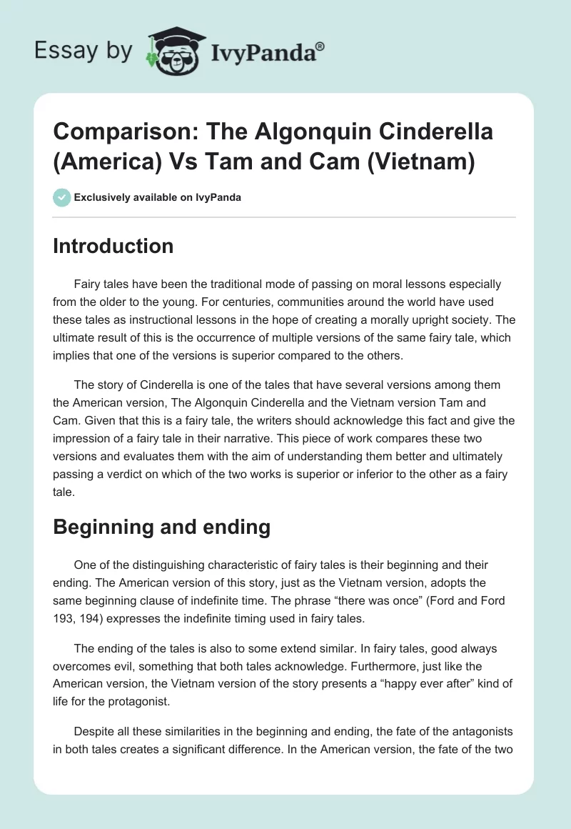 Comparison: The Algonquin Cinderella (America) Vs Tam and Cam (Vietnam). Page 1