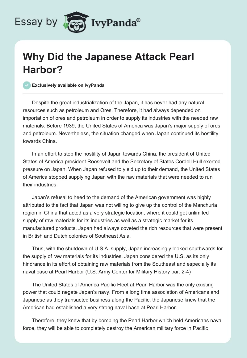 Why Did the Japanese Attack Pearl Harbor?. Page 1