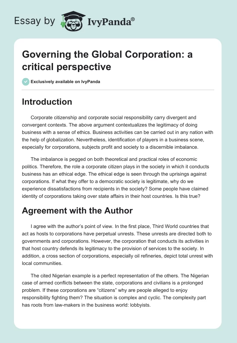 Governing the Global Corporation: A Critical Perspective. Page 1