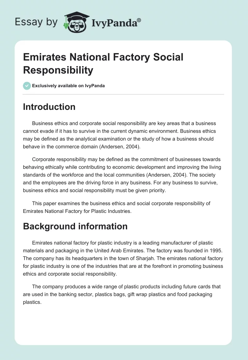 Emirates National Factory Social Responsibility. Page 1