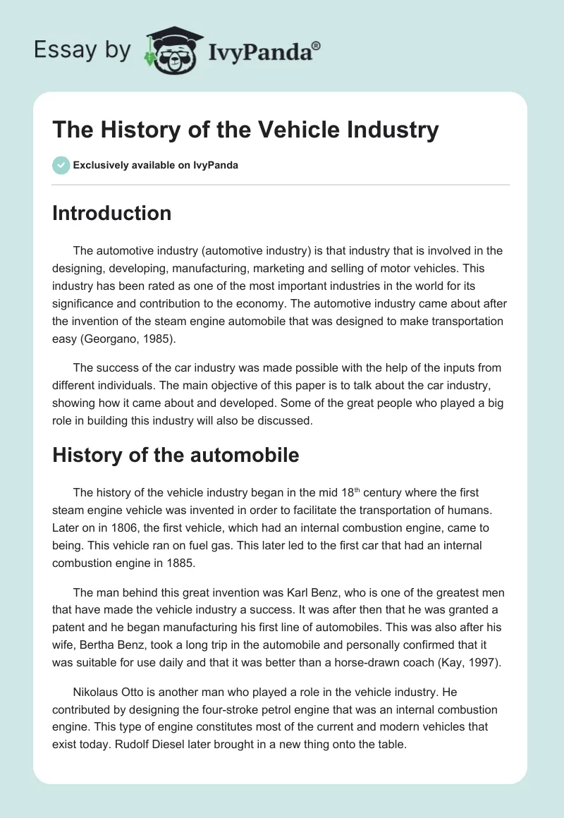 The History of the Vehicle Industry. Page 1
