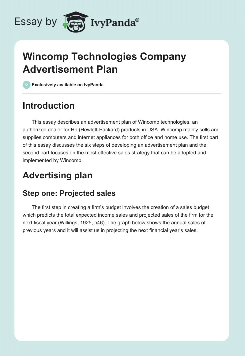 Wincomp Technologies Company Advertisement Plan. Page 1
