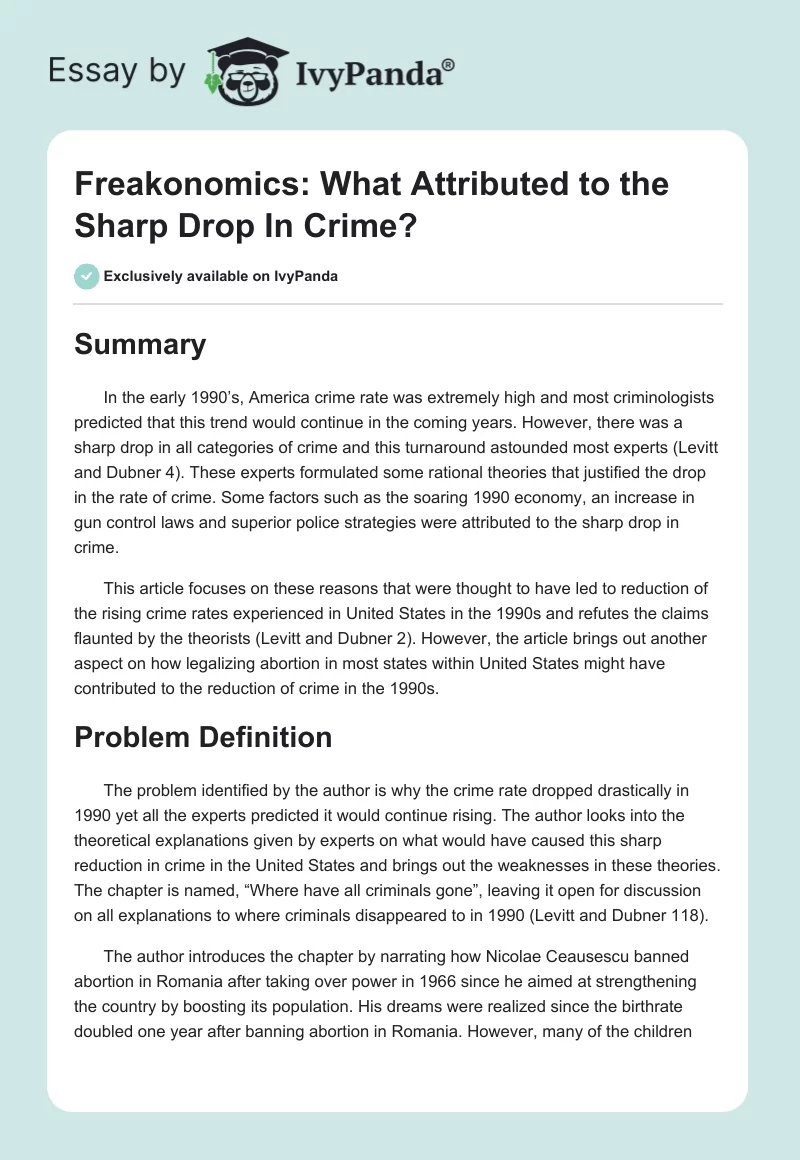 Freakonomics: What Attributed to the Sharp Drop In Crime?. Page 1