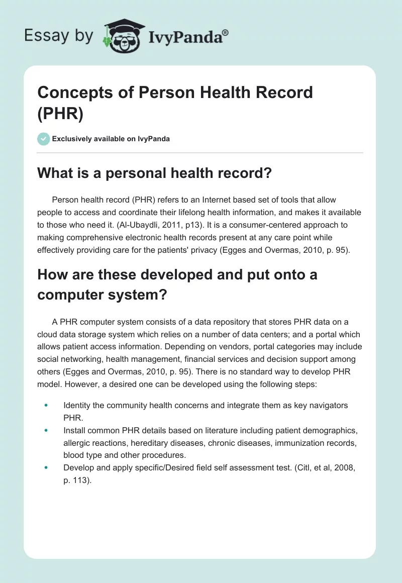 Concepts of Person Health Record (PHR). Page 1