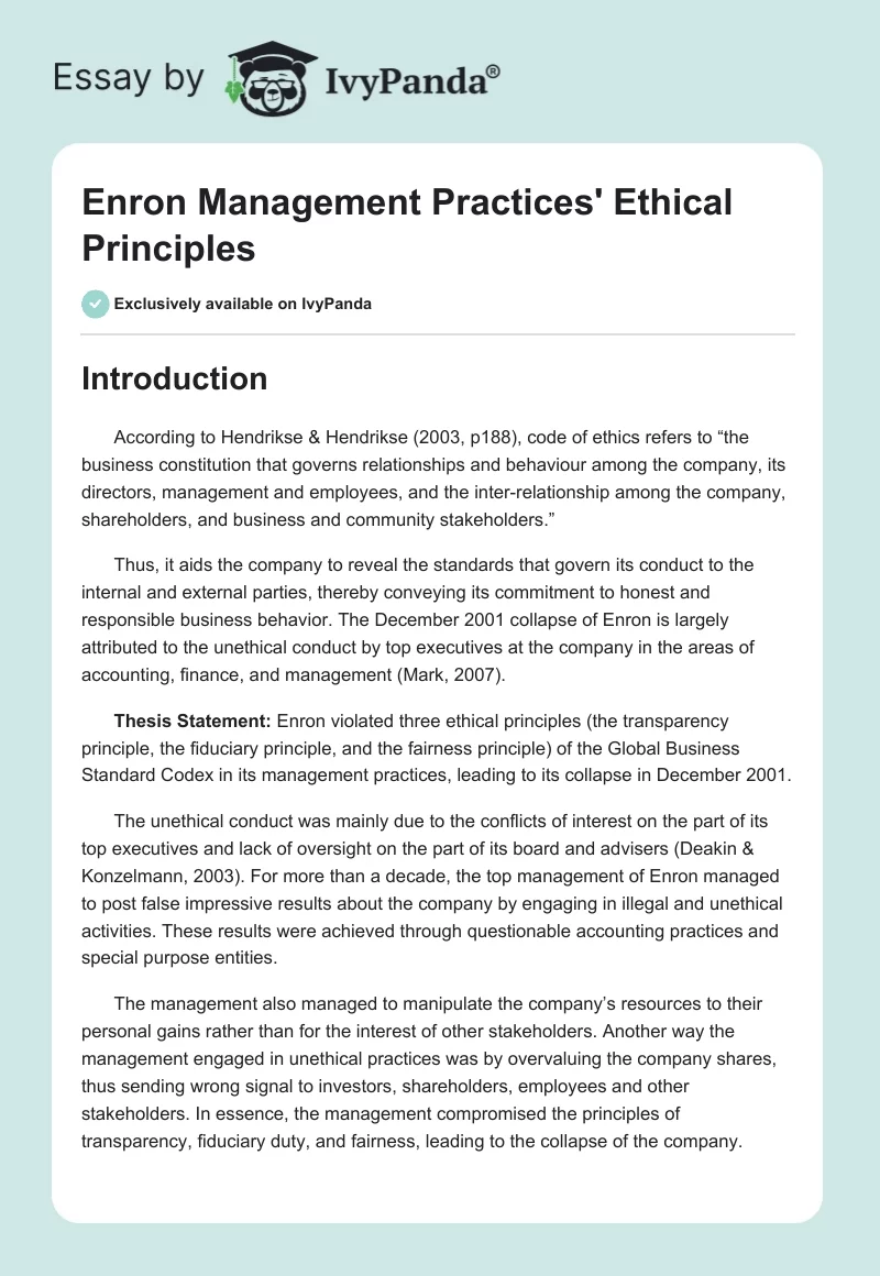 Enron Management Practices' Ethical Principles. Page 1