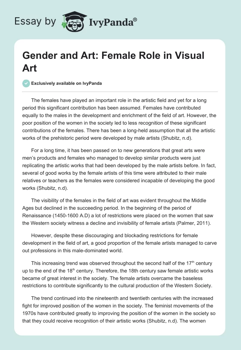 Gender and Art: Female Role in Visual Art. Page 1