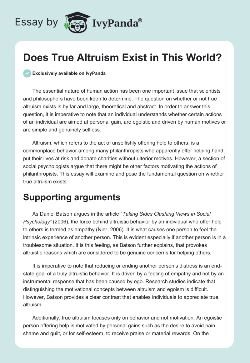 Does True Altruism Exist in This World?. Page 1