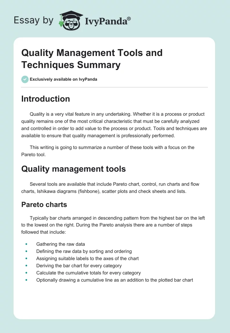 Quality Management Tools and Techniques Summary. Page 1