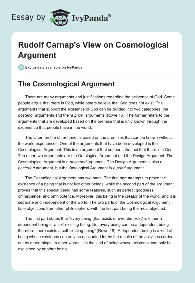 Rudolf Carnap's View on Cosmological Argument. Page 1