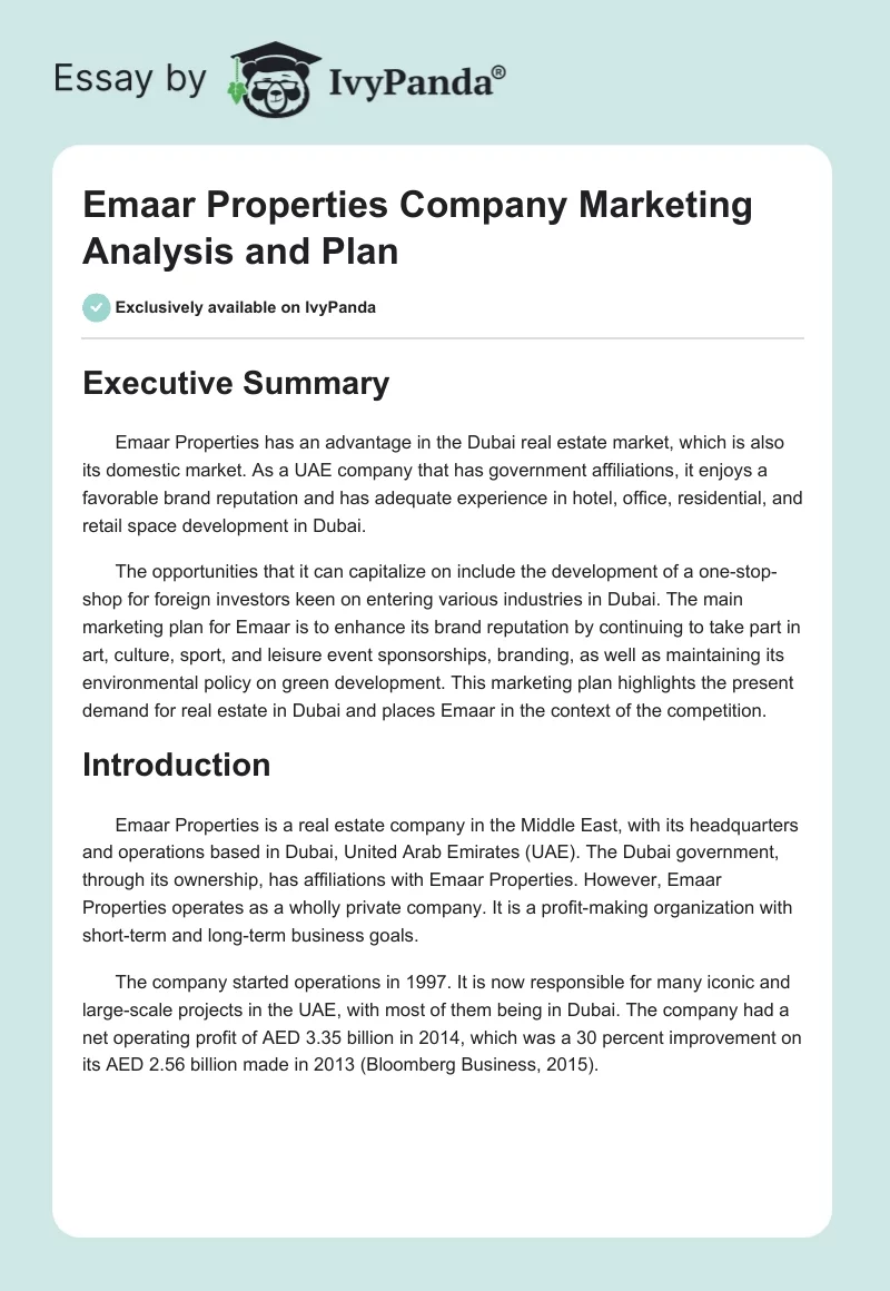 Emaar Properties Company Marketing Analysis and Plan. Page 1