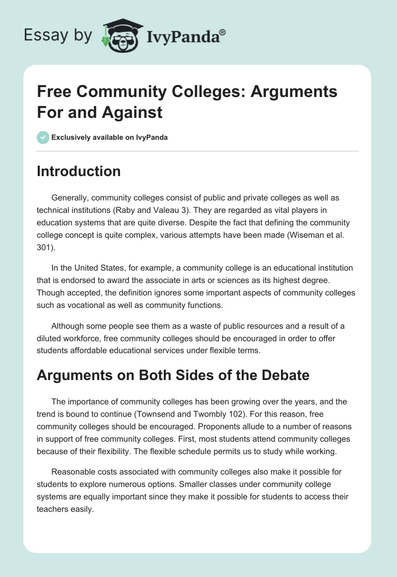 Free Community Colleges: Arguments For and Against. Page 1