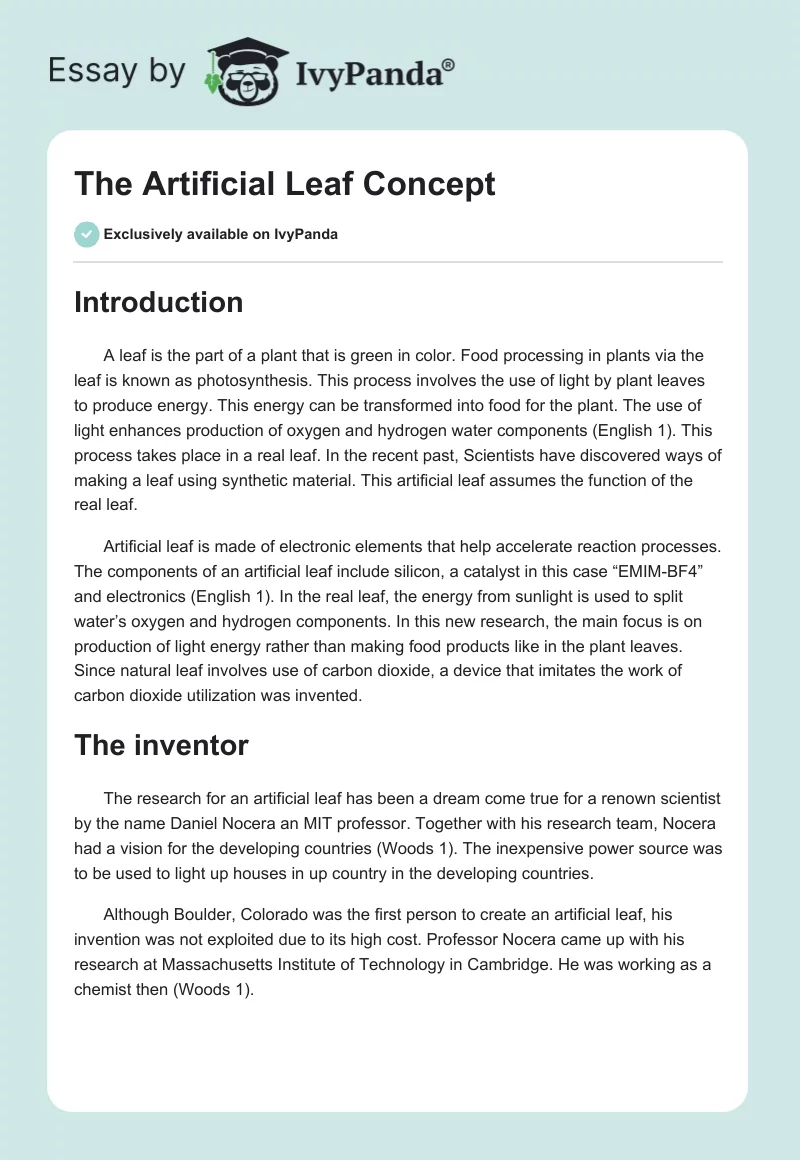 The Artificial Leaf Concept. Page 1