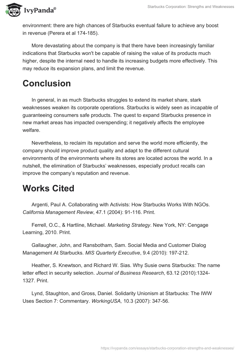 Starbucks Corporation: Strengths and Weaknesses. Page 4