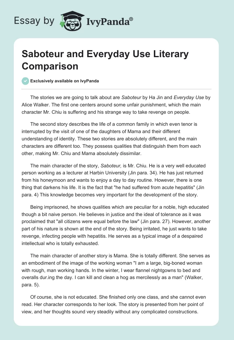 "Saboteur" and "Everyday Use" Literary Comparison. Page 1
