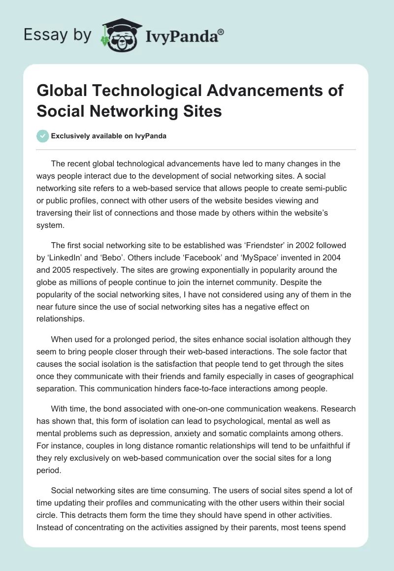 Global Technological Advancements of Social Networking Sites. Page 1