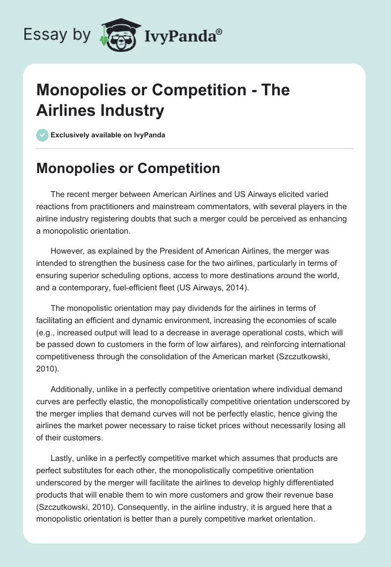 Monopolies or Competition - The Airlines Industry. Page 1
