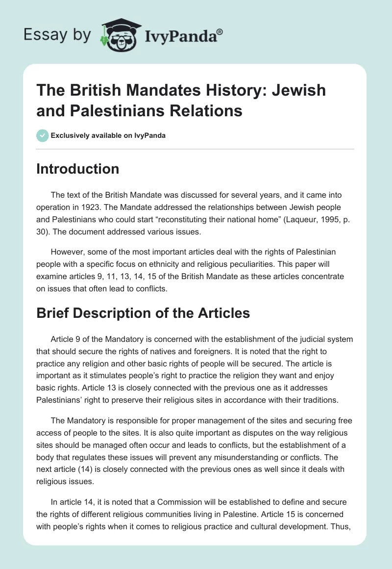 The British Mandates History: Jewish and Palestinians Relations. Page 1