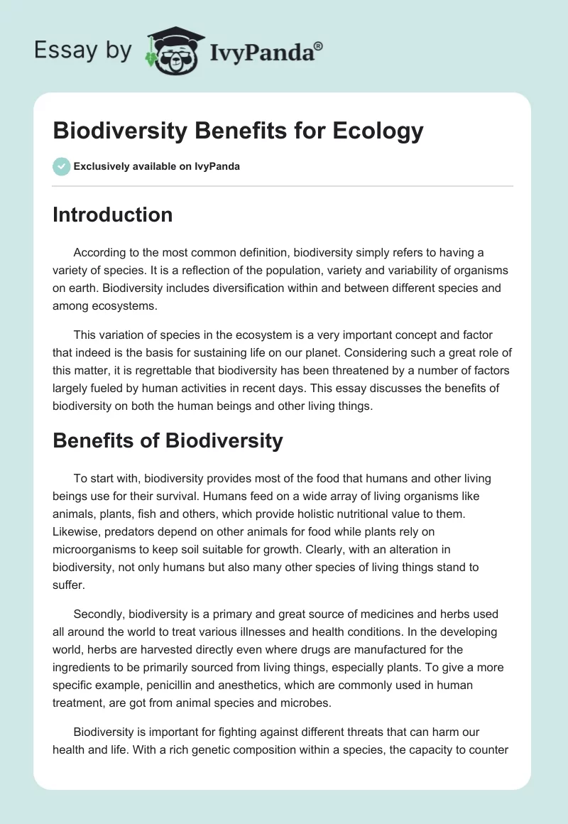Biodiversity Benefits for Ecology. Page 1