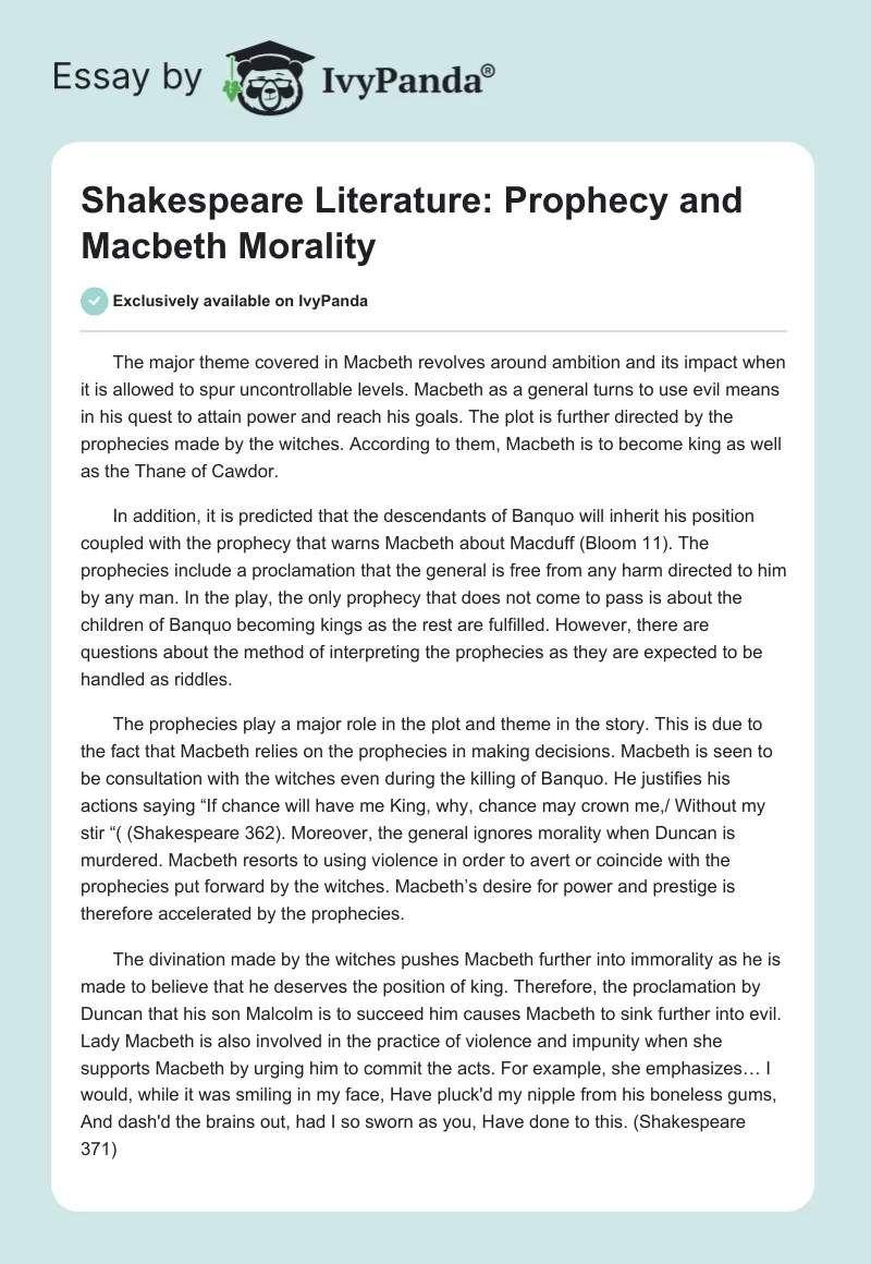 Shakespeare Literature: Prophecy and Macbeth Morality. Page 1