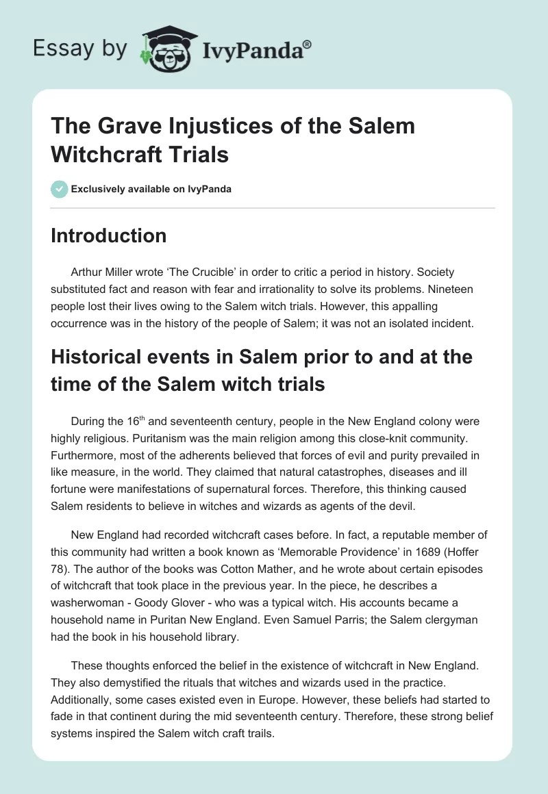 The Grave Injustices of the Salem Witchcraft Trials. Page 1