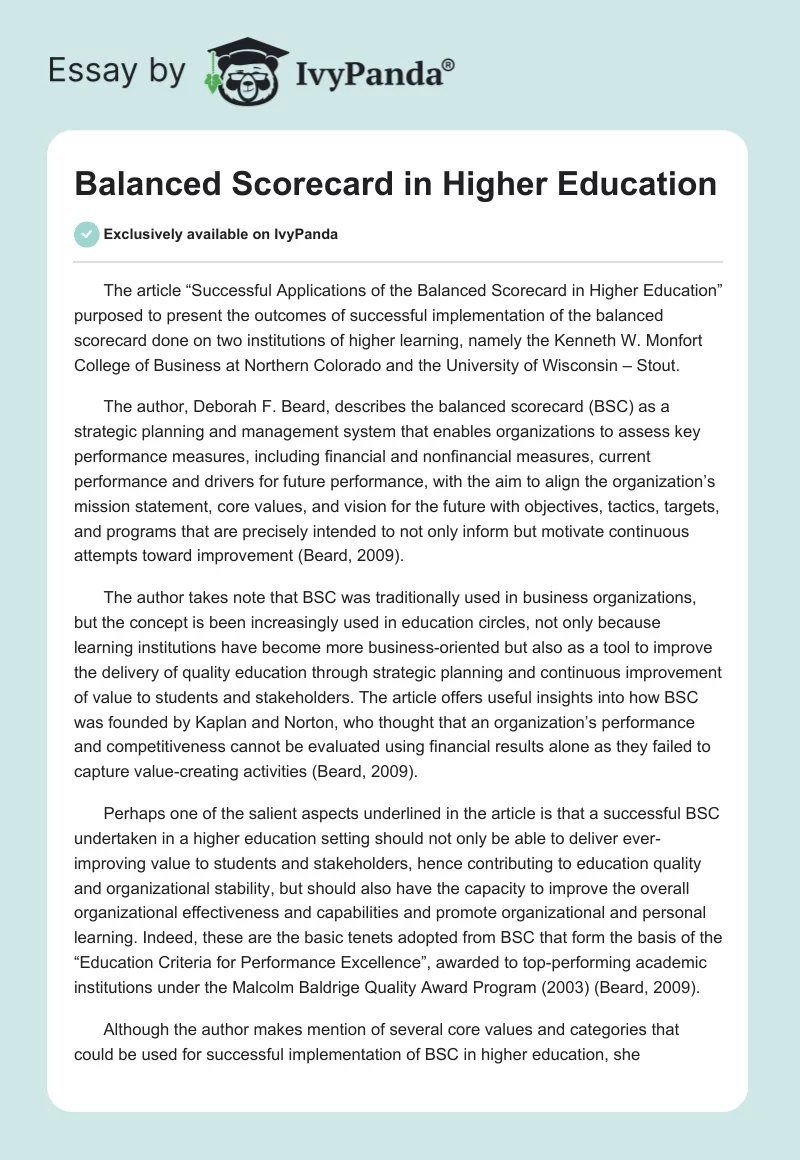 Balanced Scorecard in Higher Education. Page 1