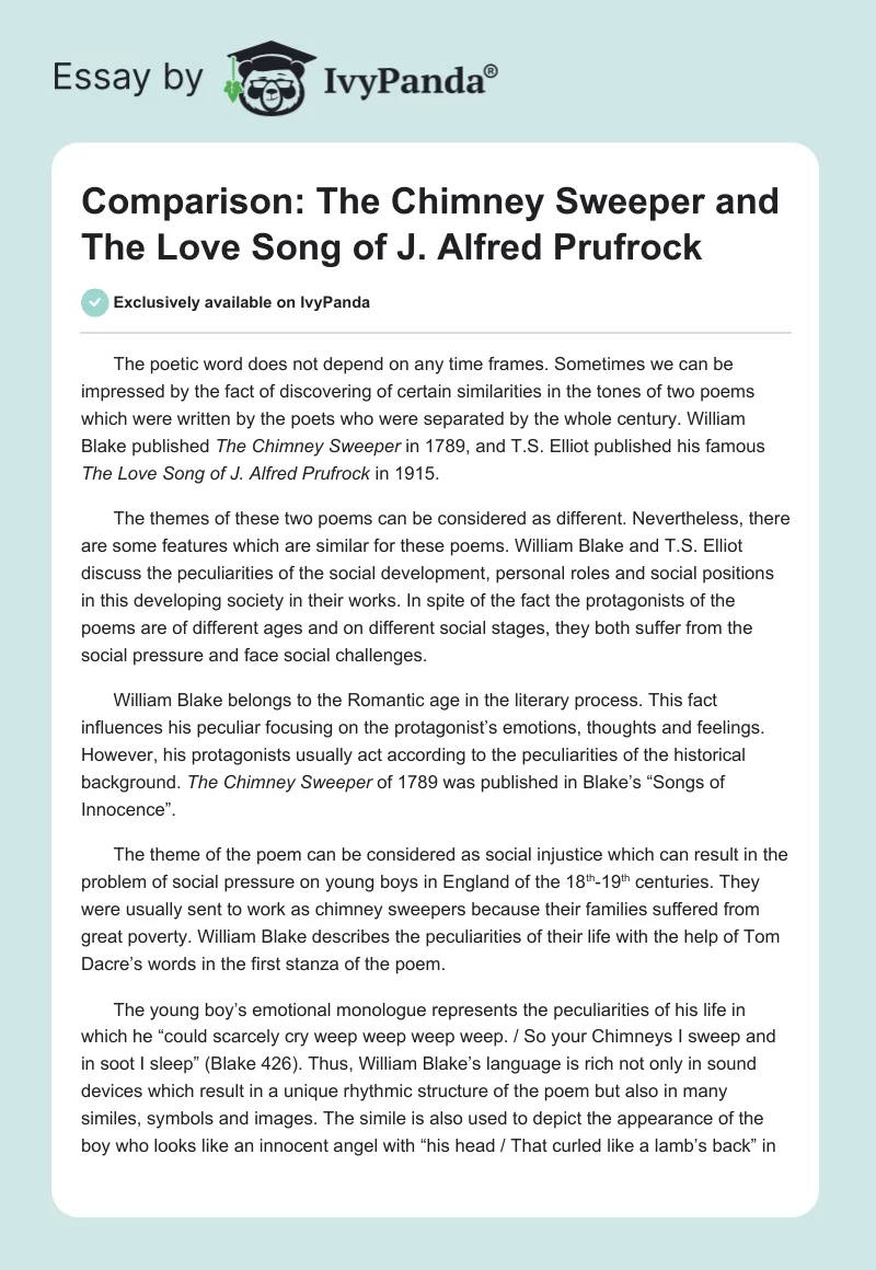 Comparison: "The Chimney Sweeper" and "The Love Song of J. Alfred Prufrock". Page 1
