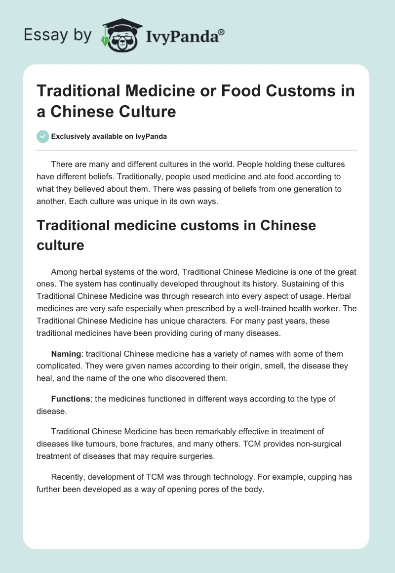 Traditional Medicine or Food Customs in a Chinese Culture. Page 1