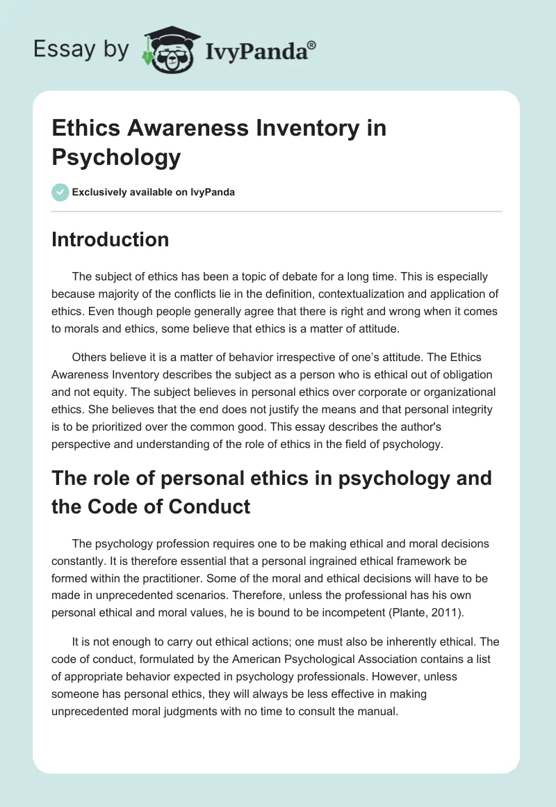Ethics Awareness Inventory in Psychology. Page 1