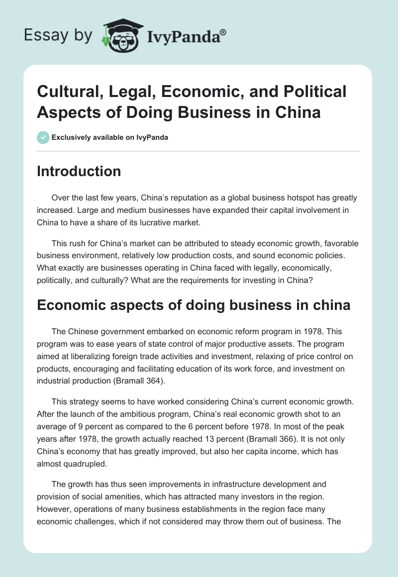 Cultural, Legal, Economic, and Political Aspects of Doing Business in China. Page 1