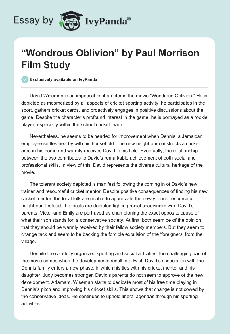 “Wondrous Oblivion” by Paul Morrison Film Study. Page 1