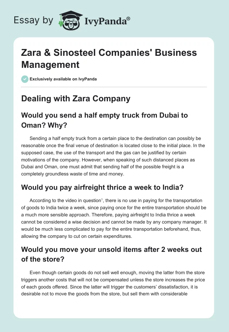 Zara & Sinosteel Companies' Business Management. Page 1